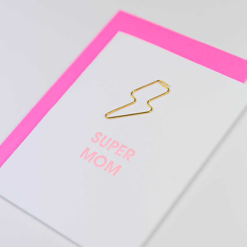 Super Mom - Lightning Bolt Paper Clip Letterpress Card