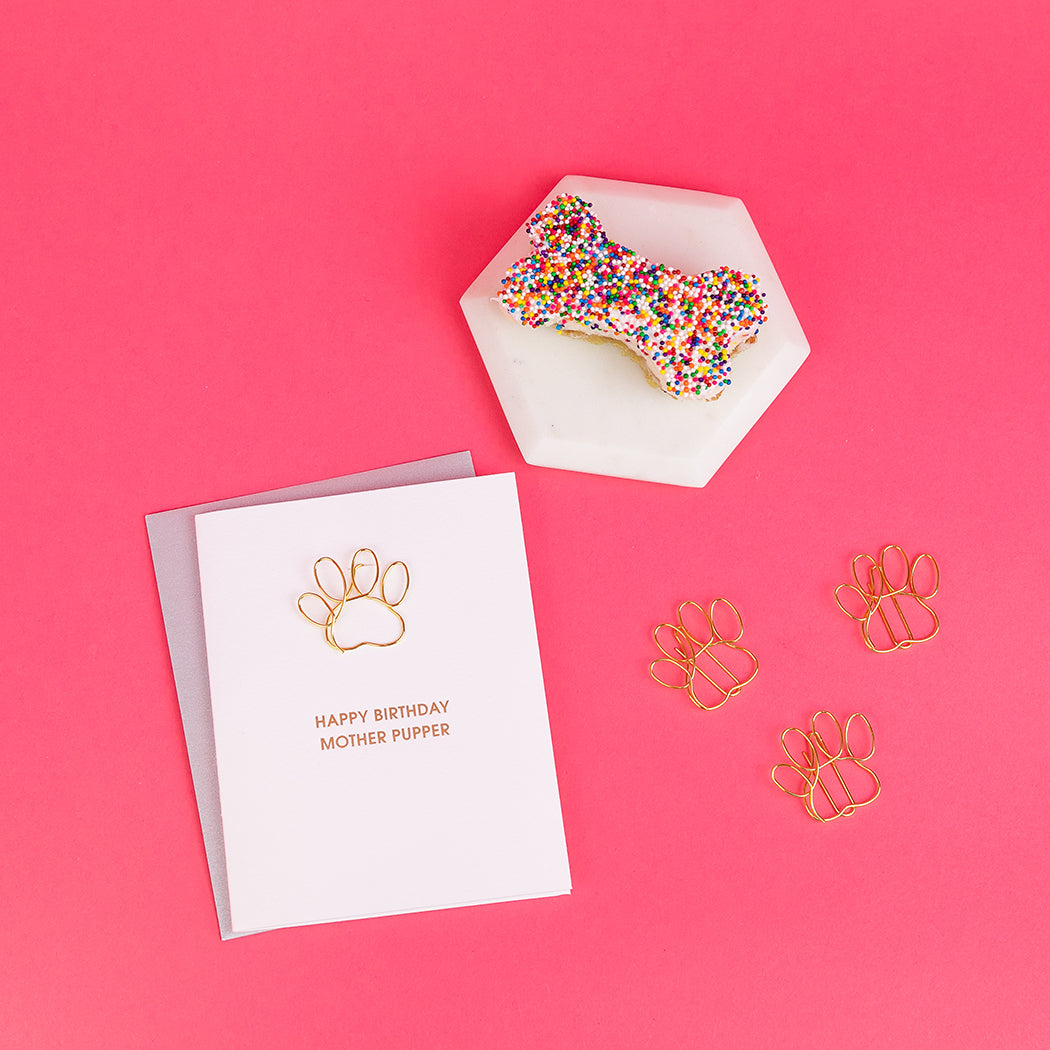 Happy Birthday Mother Pupper - Paw Print Paper Clip Letterpress Card