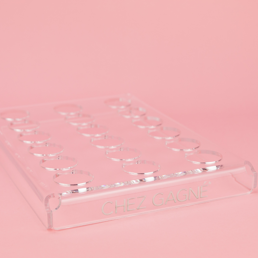 18-Pocket Hand Crème Display Fixture - Acrylic Retail Display with Chez Gagné Logo