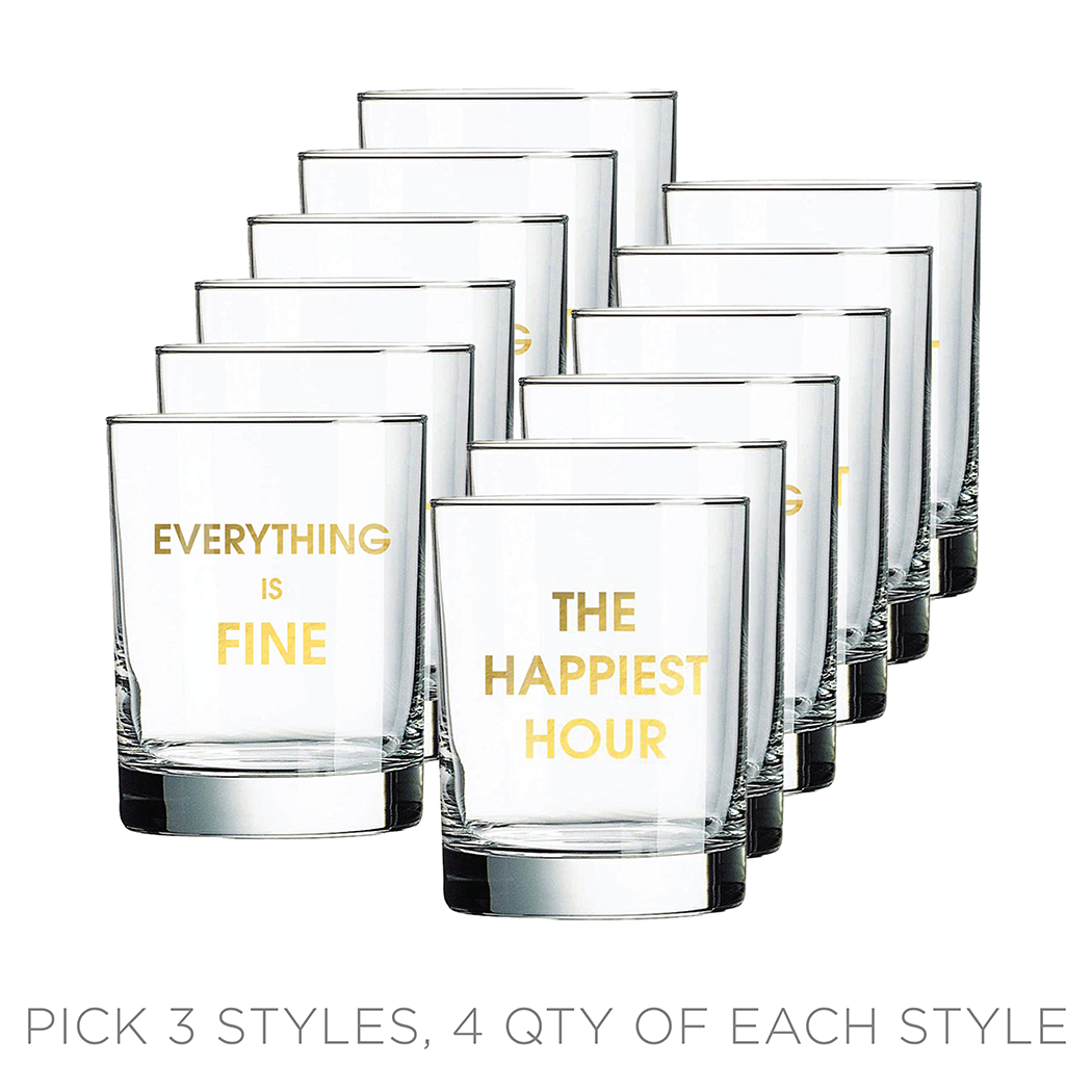 Rocks Glass Mixed Case Pack - Customize your 12 pack - Choose 3 Styles, 4 Glasses per Style