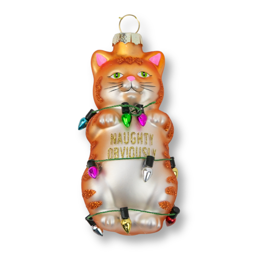 Naughty Obviously - Tangled Tabby Cat Glass Ornament