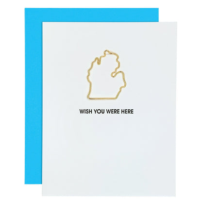 Wish You Were Here Michigan Paper Clip Letterpress Card