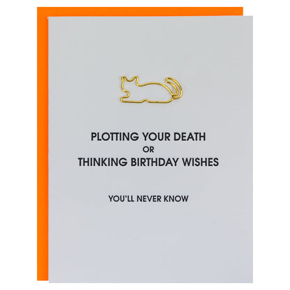 Plotting Your Death or Thinking Birthday Wishes. You'll Never Know - Cat Paper Clip Letterpress Card