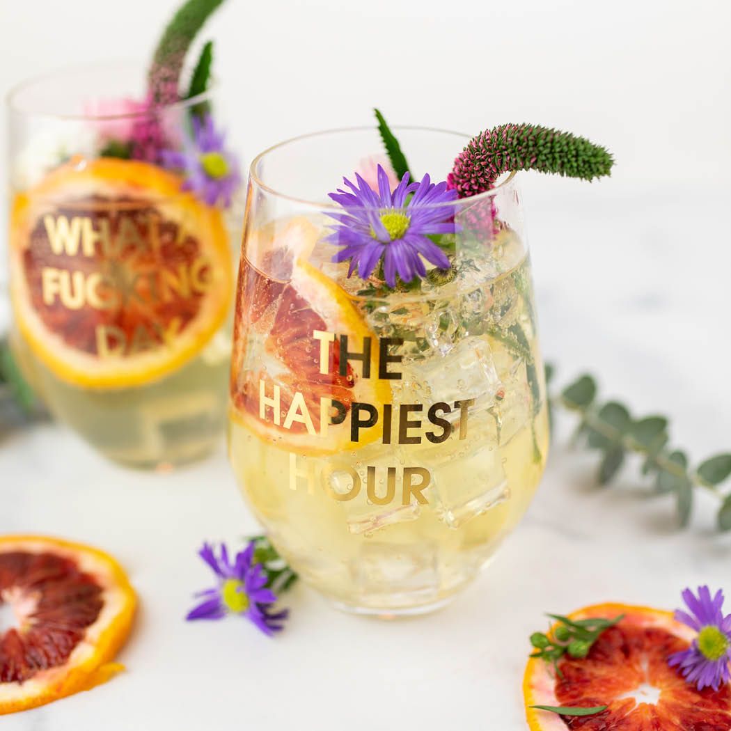 The Happiest Hour - Gold Foil Stemless Wine Glass